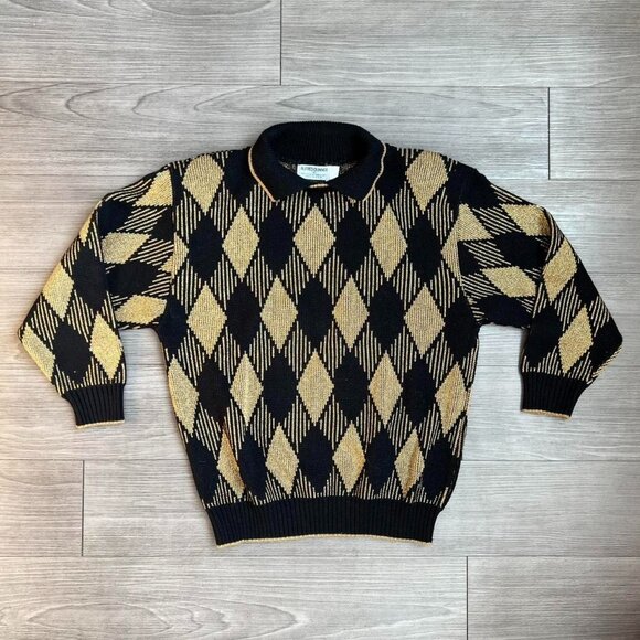 Vintage 80s Alfred Dunner Collared Metallic Gold Argyle Knit Sweater Size S - Picture 1 of 4